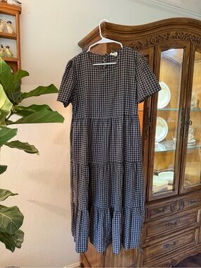Tiered Gingham Midi Dress - Black and Cream